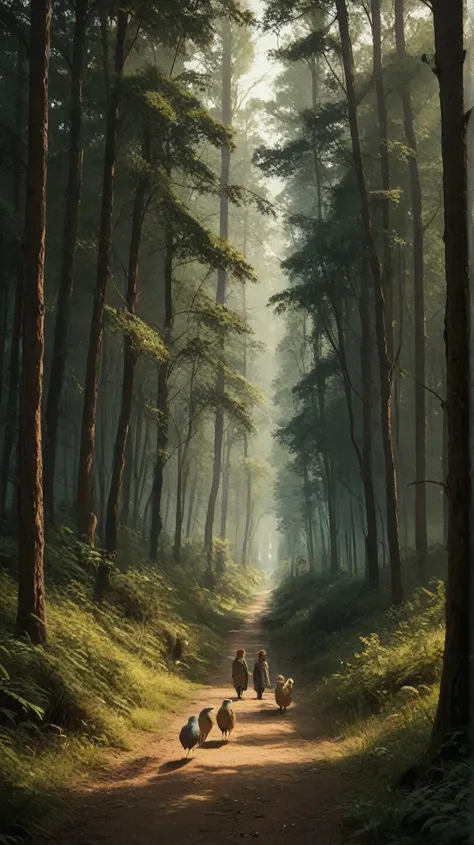 Two friends, walking side by side, are traveling through a dense forest. The scene is calm, with birds chirping and sunlight streaming through the trees as the friends chat and laugh, enjoying each other’s company