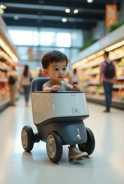  Smart grocery cart, along with a place for ren to sit.