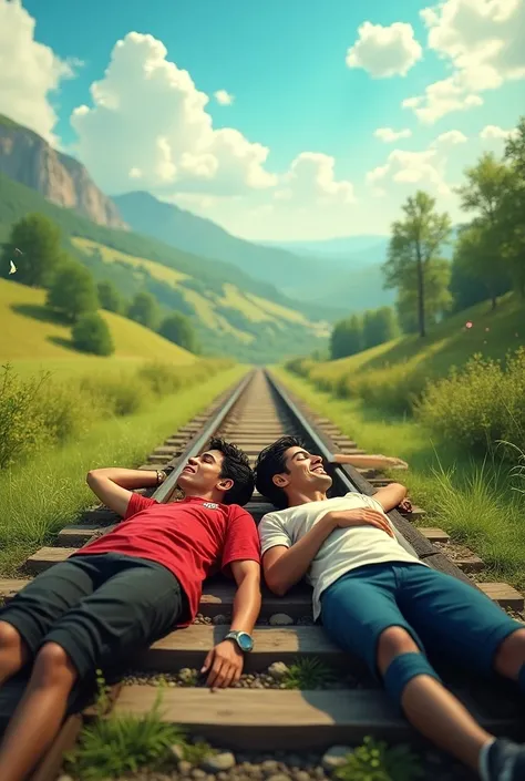 "Create an image of Shah Rukh Khan and Cristiano Ronaldo sleeping side by side on a train track, surrounded by scenic countryside views. Incorporate humorous and whimsical elements."
