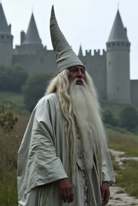 Kind wizard , thin,  with a long white beard and braid ,  silver and white clothes ,  and with long sleeves .  He wears a pointed hat on his head. Behind him,  an ancient castle with tall pointed towers.