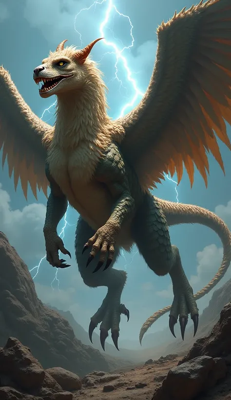 Create an intimidating hybrid creature that seamlessly merges the regal features of a Griffin with the savage traits of a Velociraptor, resulting in a terrifying, monstrous entity. The hybrid should possess the muscular lions body of the Griffin, but with ...