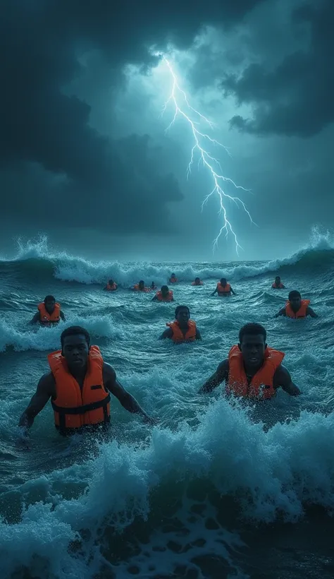 Many people wearing life jackets were swimming in the sea. in a big storm with dark clouds and thunder at night.