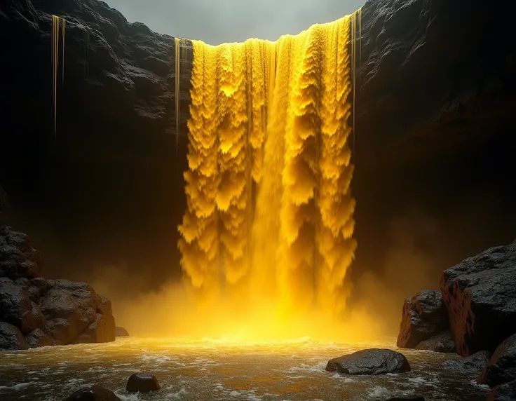 Extremely detailed waterfall , yellow color,  black background , ultra realista,  lights, Photographic, ultra quality