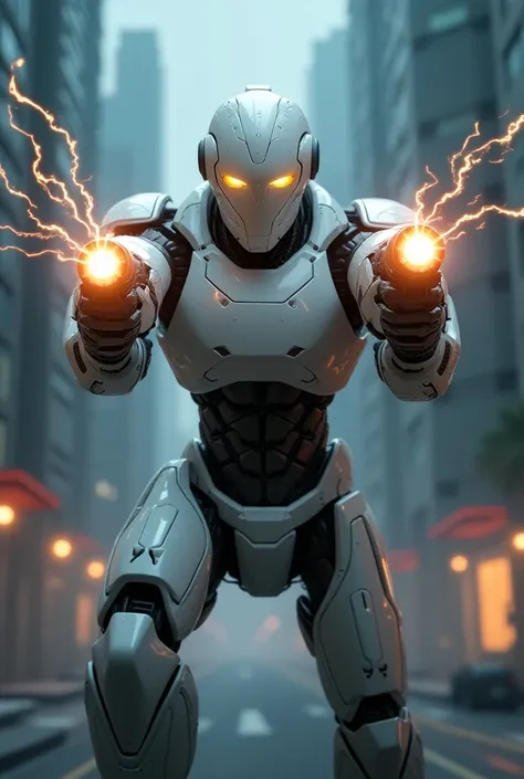  Robot shooter with white trim,  two laser guns in hand , yellow eyes 