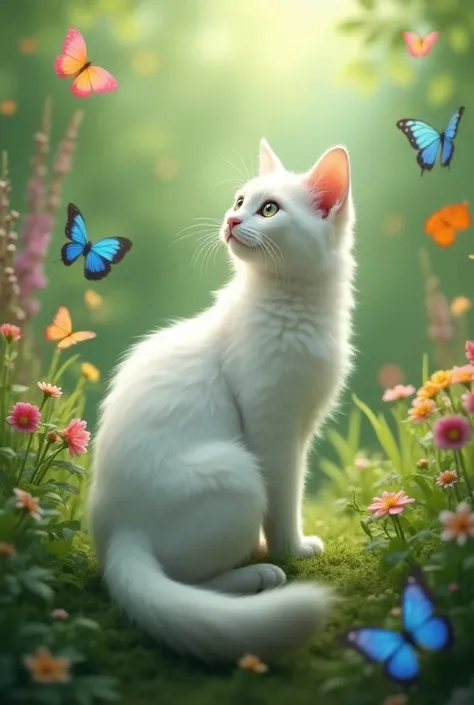 white cat facing backward watching butterfly garden background green