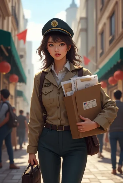 Female messenger, tools, On the way to deliver the mail, On the streets of the city, high detail, 4K, masterpiece.