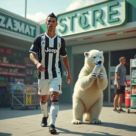 cristiano ronaldo wearing juventus jersey, he is walking outside of supermarket, polar bear is drinking water bottle
