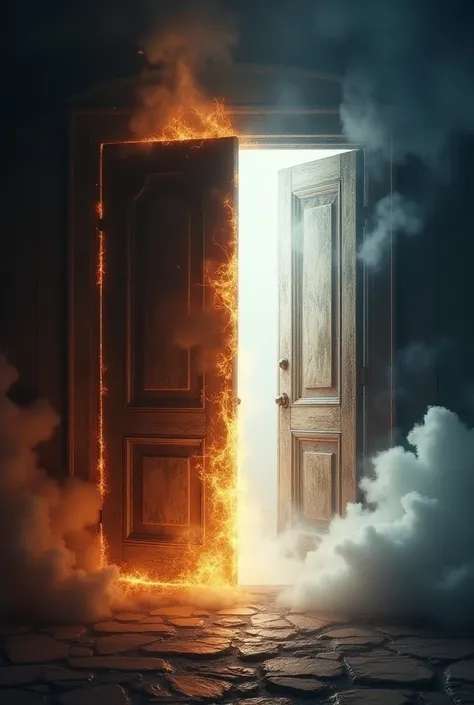 Create an image featuring two large door-sized openings side by side. On the left, depict a doorway emanating flames and smoke, representing Hell, with a dark, ominous atmosphere filled with fiery colors. On the right, illustrate a serene and bright doorwa...