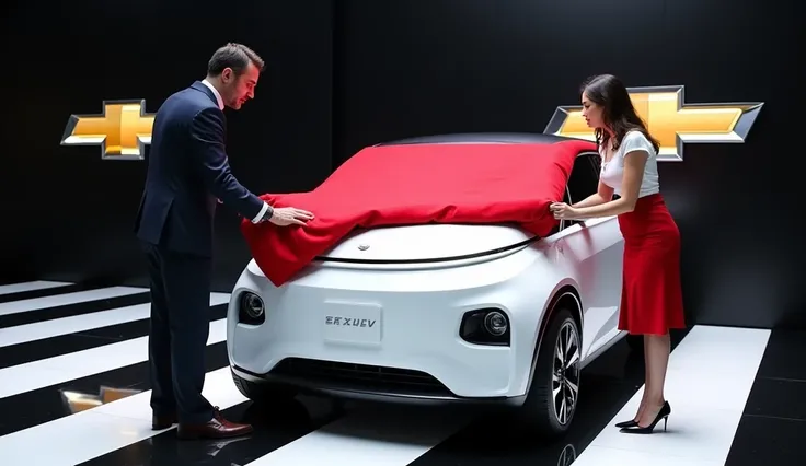 a man and a woman standing next to a 2025 tata nano ev whit color right side view . The car is on display in a showroom with a black and white checkered floor and a large Chevrolet logo on the wall in the background. The man is wearing a suit and tie and i...