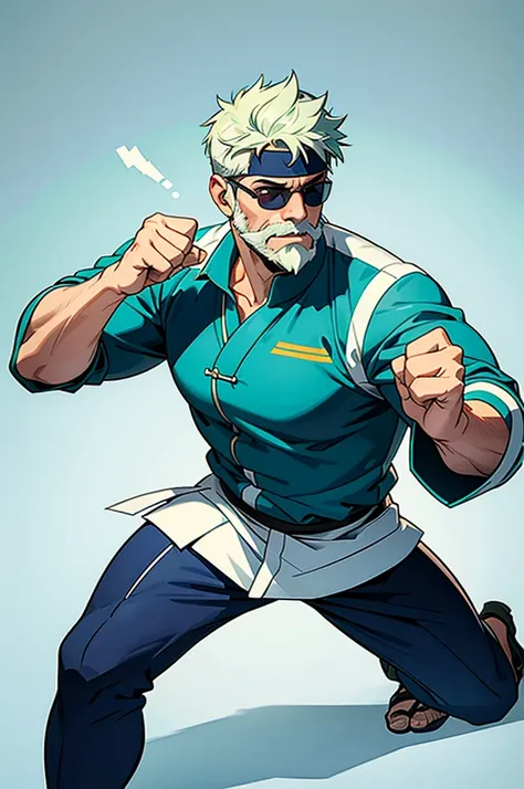 Full-body portrait, middle-aged man in blue martial arts uniform, wearing green sunglasses, silent expression, tall, short white hair, scruffy beard, minimal plain white background