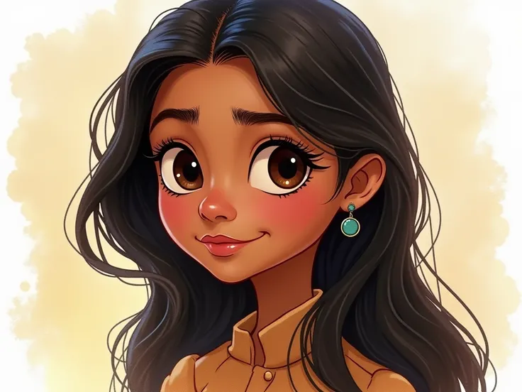 Light-brown-skinned girl ,  style movement with large, dark eyes that shine with expressiveness.  His hair is long and dark ,  perfect for fluid Pixar ,  reflecting her strong and decisive personality ,  in watercolor style that seems like a story  