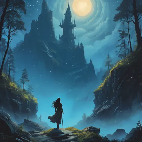 

**From behind, a young village girl named Mira walks alone through a rocky path in the woods, disappearing into the dense forest veiled in fog. Her figure is framed by towering trees that seem to stretch endlessly into the night sky above. The vast sky i...