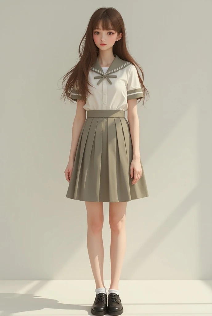 Young woman with long brown hair,  light brown eyes, white pele, In schoolgirl clothes. realistic 
