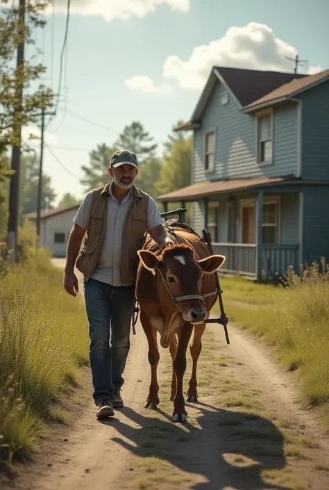 A man took the injured cow to the hospital.

