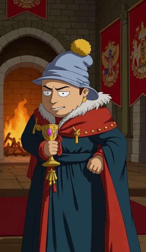 Eric Cartman as a cunning nobleman: Visualize Eric Cartman as a real-life, medieval lord. He is chubby with a haughty expression, wearing a rich, fur-lined tunic of dark blue and red hues. His iconic light blue hat with a soft yellow pom-pom is slightly ta...