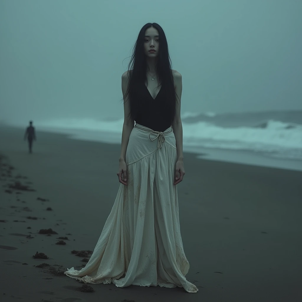 a beauty woman black silts hair, wear very long white fabric cloth long skirt cloth, dirty, pale face, eyes shadow, teeth smile, his stand while fashion, stylish, modeling, photography, at night, dark places, horror, scary, thick fog, quiet places, realist...