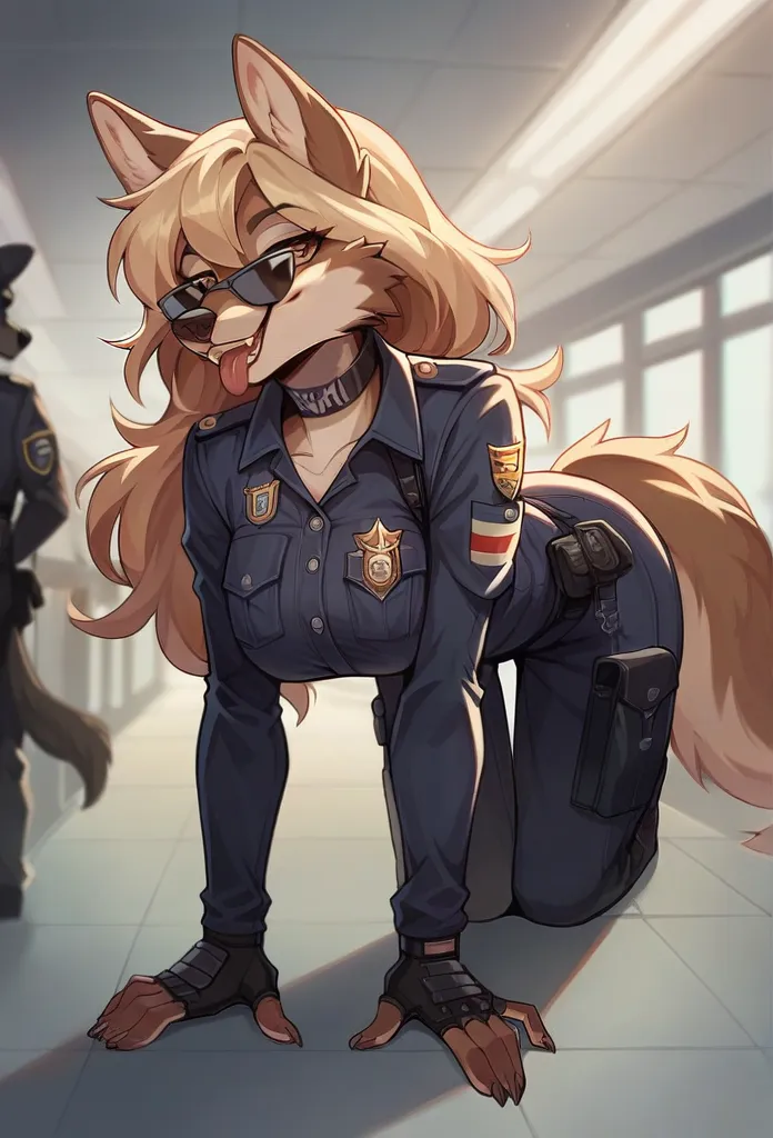 accurate, long hair, breasts, wolf ears, tongue, smile, sunglasses, dark armoured tactical police anthro uniform, dark leather c...