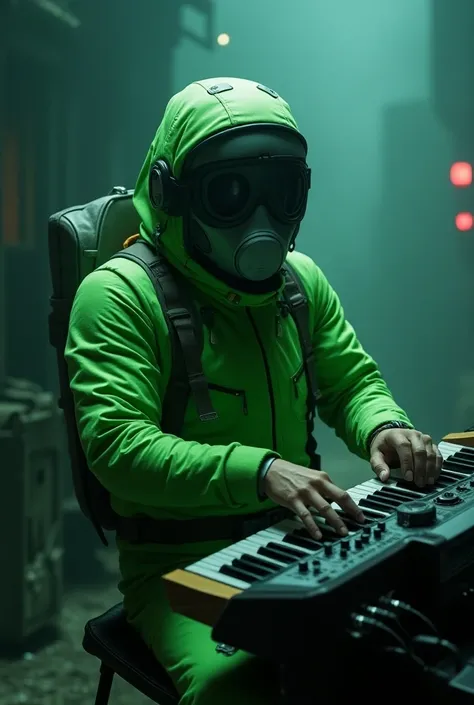 A man in green astronaut suit with russian a gp 5 grey gasmask playing a synth