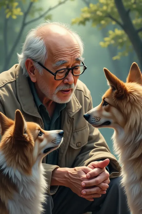 Elderly Japanese man with glasses talking “to jhow” to his dogs 