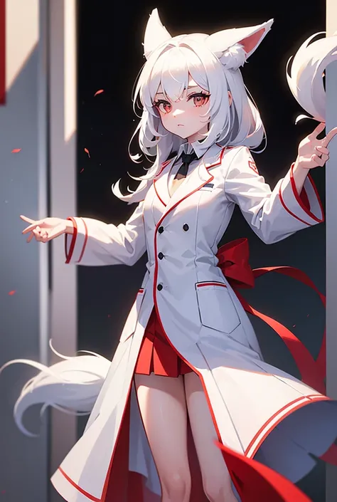  A small, white fox with a fluffy coat and three tails, She has red lines I WANT THE ANIMAL NOT THE HUMAN 
