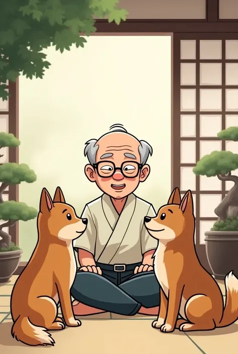 Cartoon of an elderly Japanese man with glasses talking “to jhow” to his dogs 