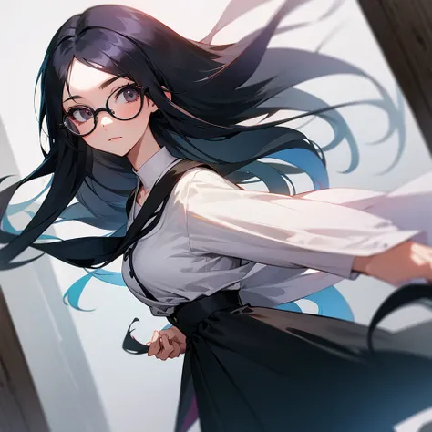 A girl with long black hair wearing glasses and dress 