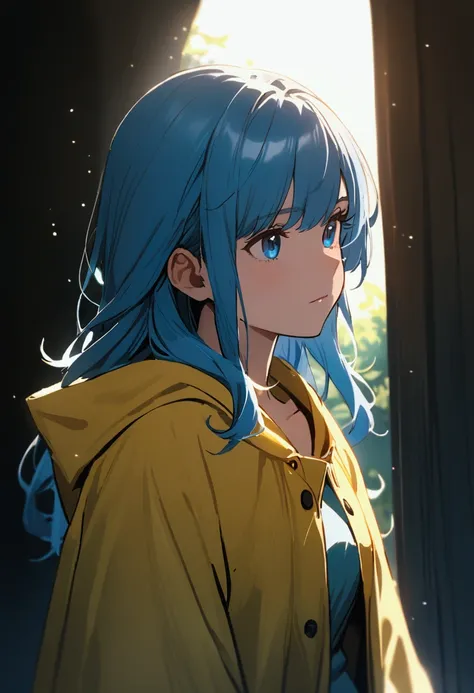 Girl with blue hair and blue eyes wearing a yellow raincoat with a boy with pointed hair 