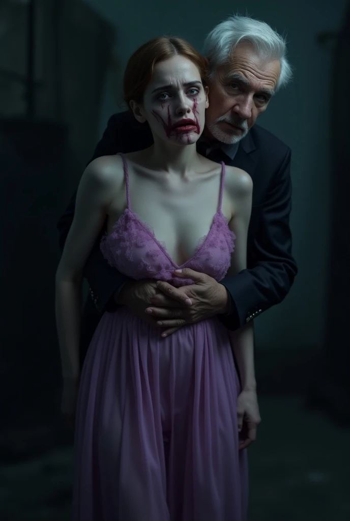 Emma Watson wearing a transparent purple baby doll ,  with a scary face embraced from behind an older man