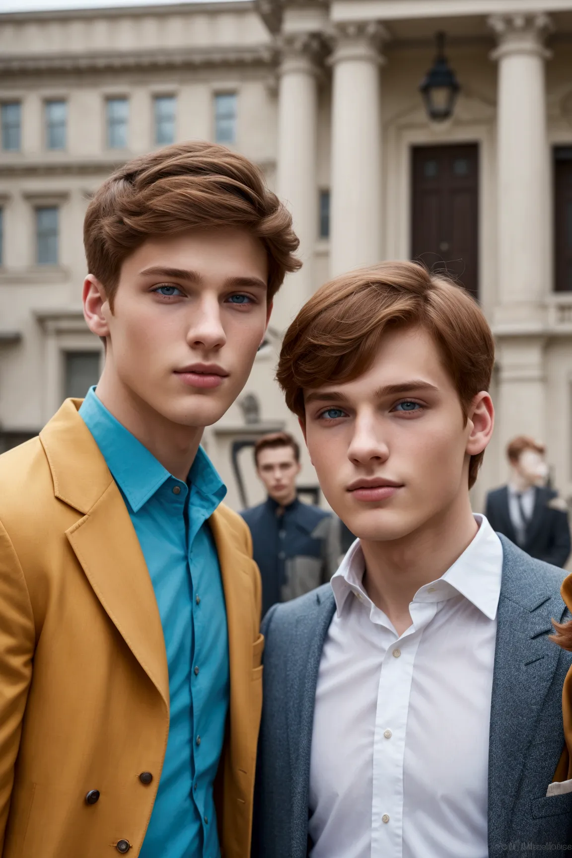 two young men standing next to each other in front of a building, two young men, beautiful male twins portrait, cute boys, alexa...