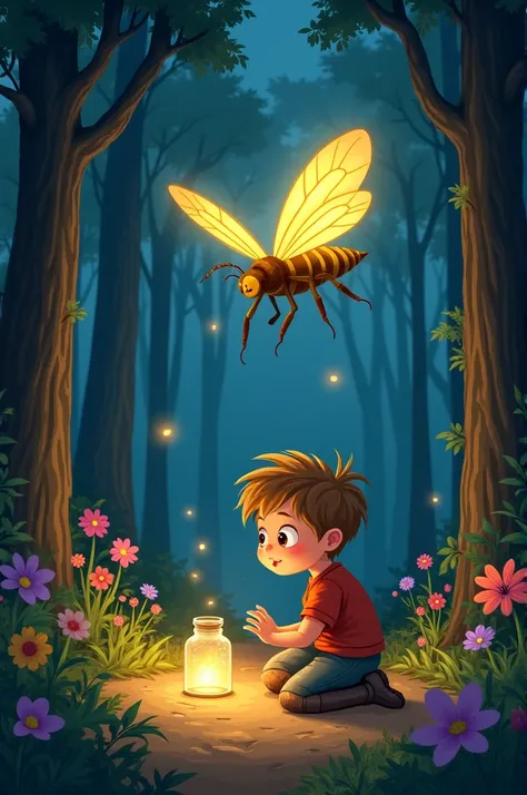 "Create a 2D illustration of Ben Fate, an  boy with short, messy light brown hair and big, bright eyes filled with wonder. He is kneeling down in a magical forest at night, holding his small glass jar carefully in front of him, moving closer to a large and...