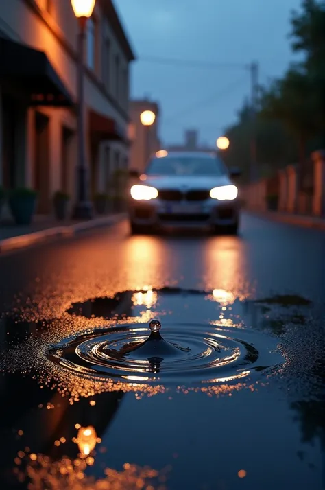  its raining in the evening ,  a raindrop fell on a puddle on a small road,  a BMW M5 car is passing from the road , street silent jit ,  lights on the road 