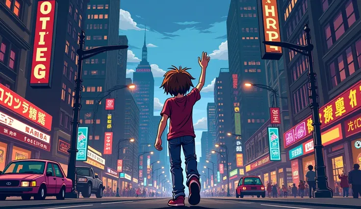 (Poster masterpiece), Scott Pilgrim pixel art　Boy walking around the city with one hand raised