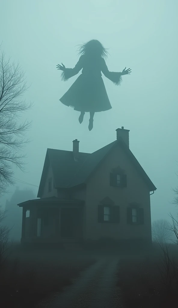 The Perron house seen from the outside ,  surrounded by a dense fog .  The figure of the witch Bathsheba appears floating above the roof ,  with disheveled hair blown by the wind and arms outstretched in a threatening gesture.