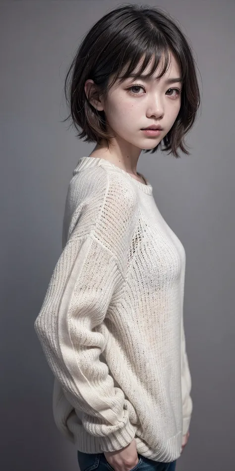  crooked woman in a white sweater posing for a photo, with  short hair,  by Tadashi Nakayama , with a bob cut,  short hair, por Arthur Pan, with bangs, by Eddie Mendoza, by Han Gan , paru itagaki, por Willie Ito, por Zhou Fang, photo session,  by Kiyohara ...