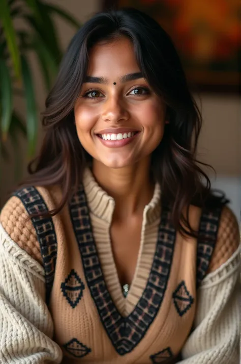 lovely cute young attractive Indian girl, brown eyes, expressing a gentle and captivating smile, 23 years old, an emerging Indian actress and Instagram model, wearing a sweater vest that exudes a scholarly and academia feel, accessorized with modern and tr...