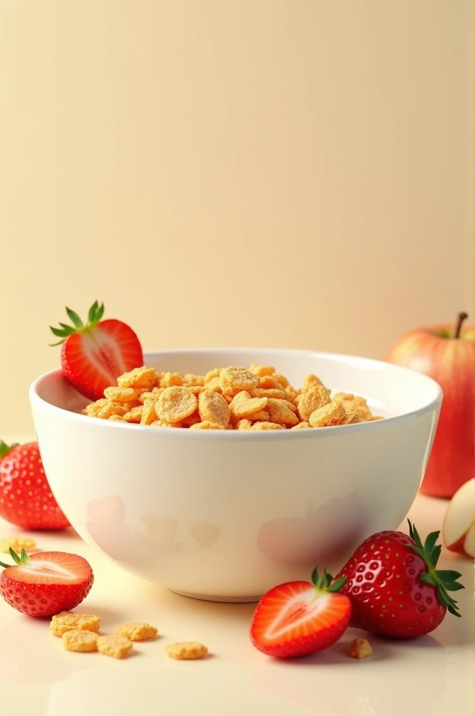 cereal, with milk, passes, Chopped strawberries and apples