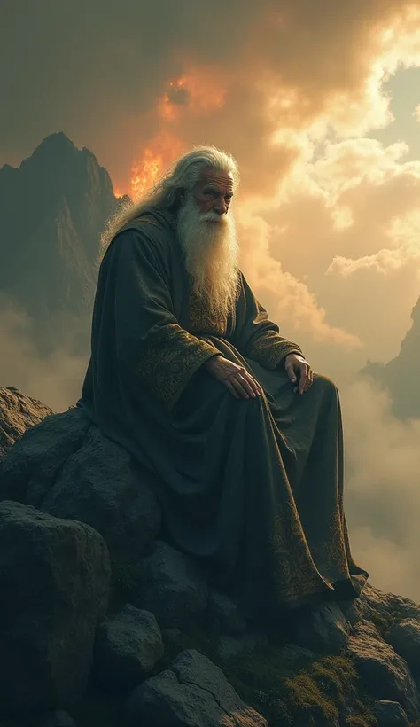 The image presents a very old photograph of the hyper-realistic figure of the prophet Nostradamus, sitting on a mysterious mountain with natural disasters behind.
