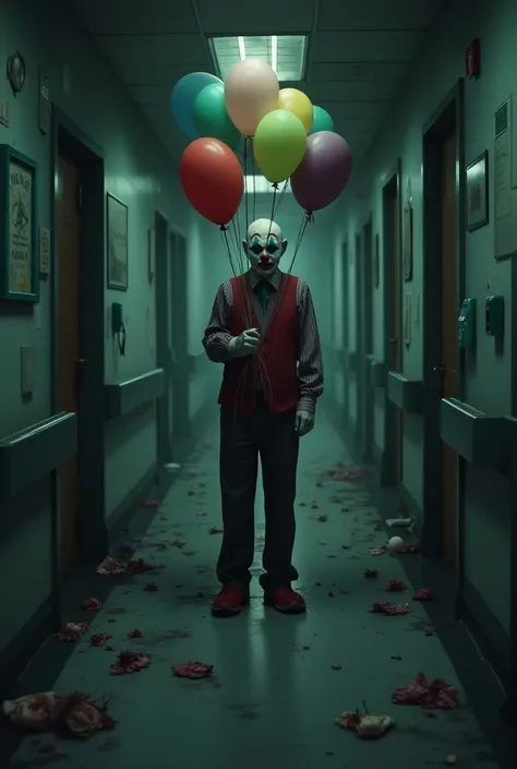 A sad hospital hallway that asad clown is standing in the middle of it and hes holding baloons sadly. And the hallway is filled with sad things. 