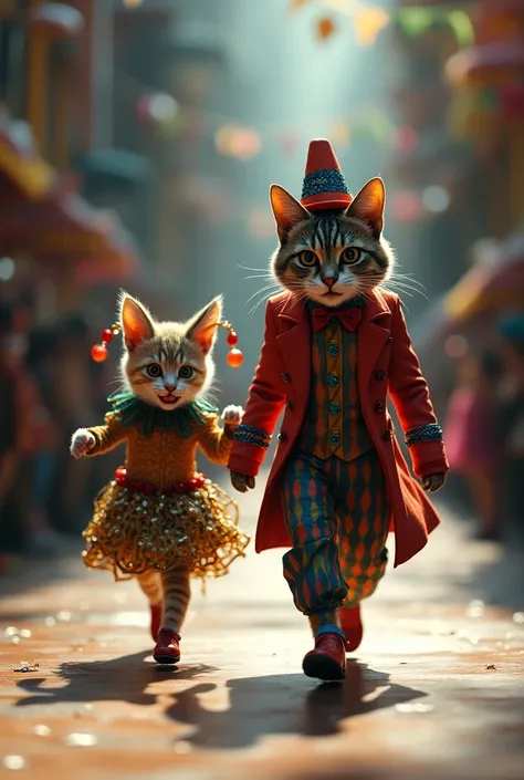 A cat wearing a JOKER outfit a kitten wearing an alerquina outfit they both start to parade on a runway 