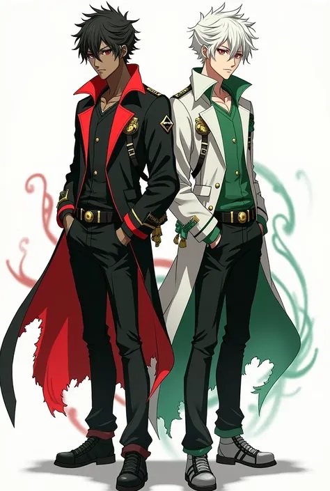 Two men a black and a white ,  the black with red details and the white with green details, anime version 