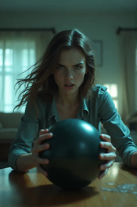 a beautiful  girl with dark blonde hair focused and angry using telekinesis levitates a bowling ball in the air over the table at home very realistic cool tones horror scene medium angle