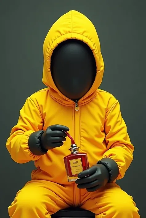 create me an image perfect for a fragrance brands cartoon mascot, i want it to be sat down ideally making or decanting a fragrance/aftershave. but in a similarly to the style of breaking bad, i want the cartoon character to wear a yellow hazmat suit and ha...