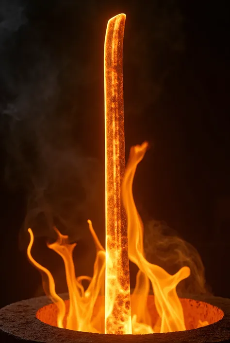 Katana vertical in  orange flames, glowing blade just forged