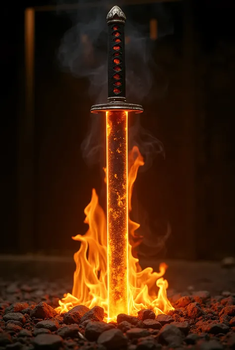 Katana vertical in  orange flames, glowing blade just forged