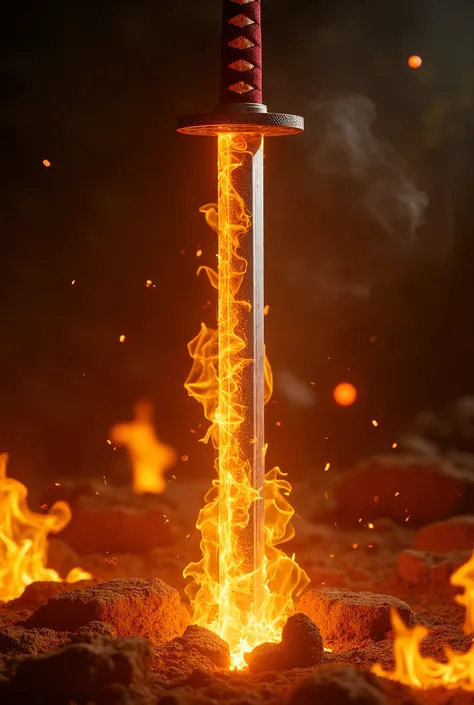 a katana sword vertical in orange flames, glowing hot forged blade, dynamic motion, highly detailed, hyper realistic, 8k, cinematic lighting, volumetric fog, dramatic shadows, vibrant colors, intricate textures, masterpiece