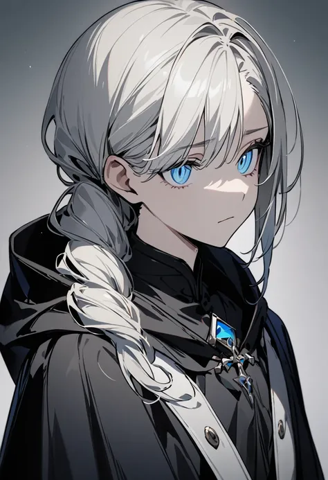 1 person, masterpiece, Best Quality, Beauty, Expressionless, I dont know the gender,  sad,  platinum blonde ,  asymmetrical hairstyle , Vertical pupils, Light blue eyes, Jewel Eyes ,  Black hooded cloak , Gray background