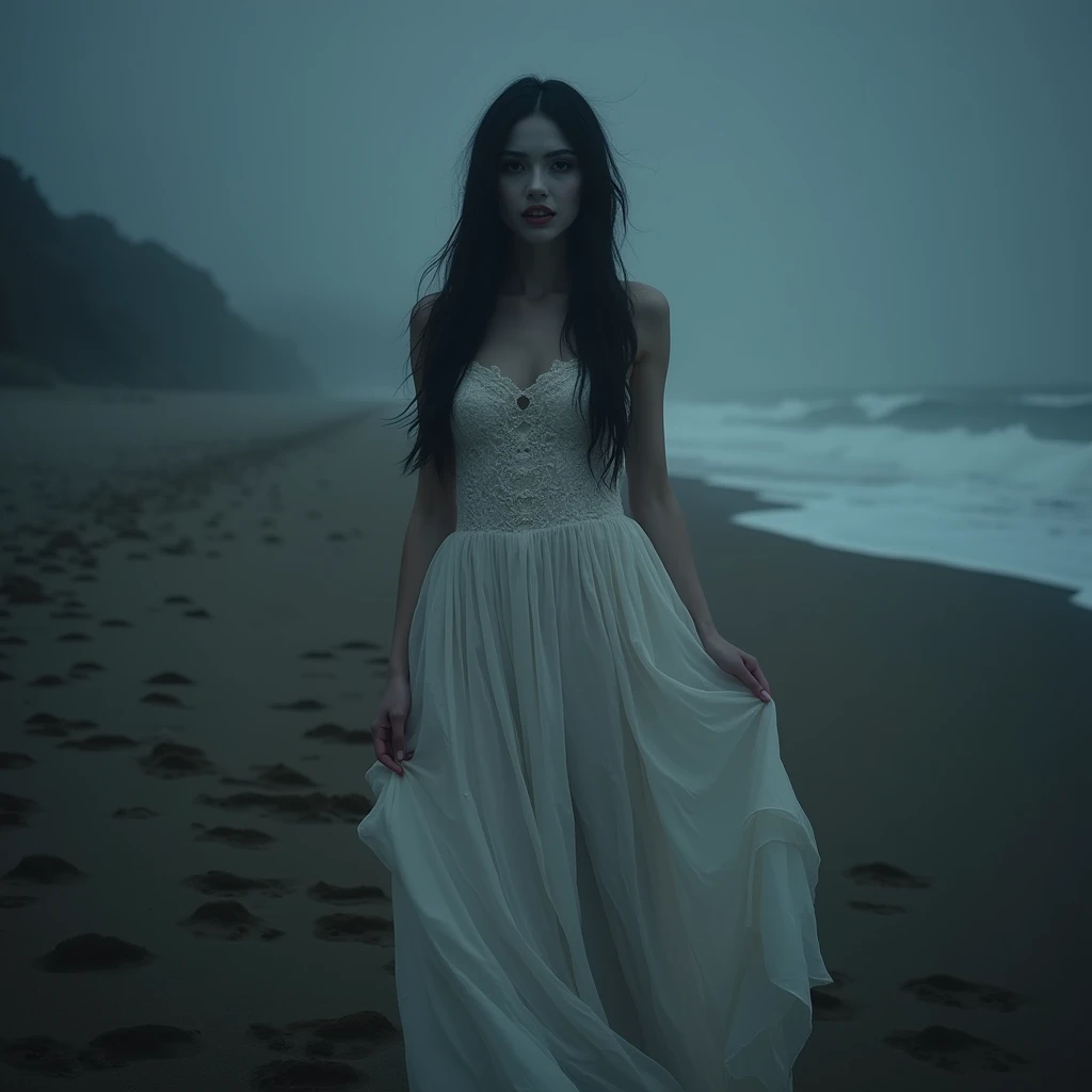 a beauty woman black silts hair, wear very long white dress long skirt dress clothes, dirty, pale body, eyes shadow, teeth smile, his stand while fashion stylish while play both hands for model photo, at night, dark places, horror, scary, thick fog, quiet ...