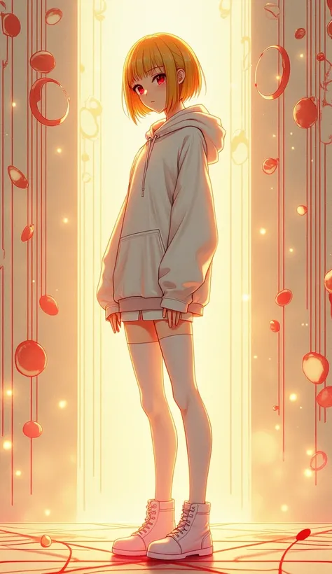  Anime 2d art .in profile, Red eyes, straight golden hair bob haircut , white hoodie ,white trousers, white thigh high boots , golden transparent portal circles in the air like circles on water ,vertical red rays , red magic lines drawn in the air intersec...