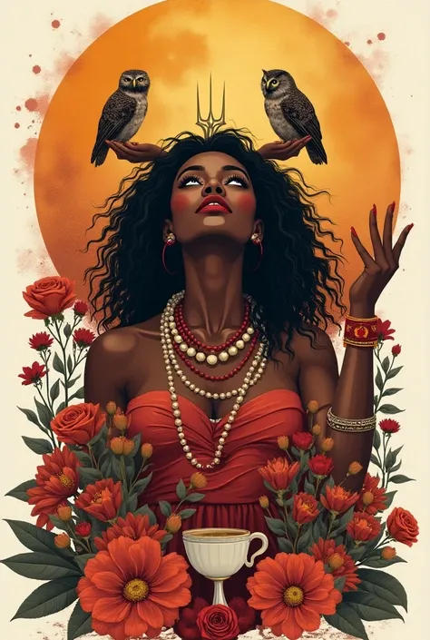 ” highlights the importance of Exu in the lives of those who revere him ,  There are several elements that reinforce the symbolism of Exu . in the center,  a black woman looks up ,  transmitting strength and devotion .  She is wrapped in symbolic elements ...