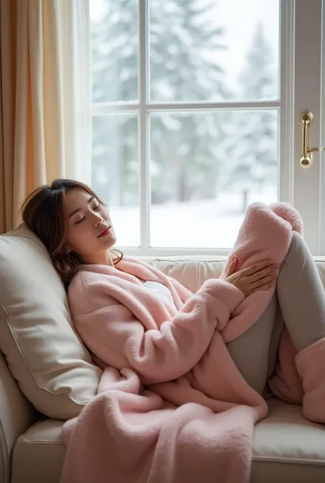 product photography of foot warmer A young woman relaxes on a sofa with a view of snowy weather outside. She is wearing a soft pink, rectangular foot warmer,